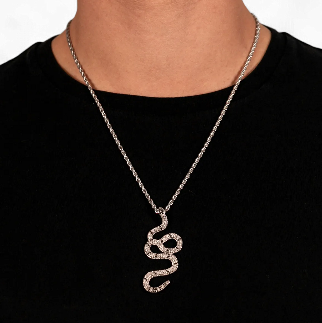 Snake Pendant in 18K White Gold - White/Black Gemstones